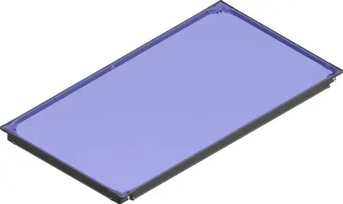 Flacher Kollektor mit rahmenloser, blauer Glasoberfläche, gefertigt von Bosch. Die Konstruktion ist schlicht und funktional, geeignet für Solaranwendungen.